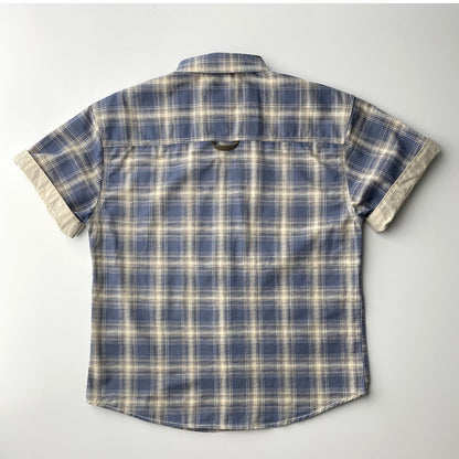 2025 Summer New American Retro Short Sleeve Lapel Plaid Cargo Shirt Men's Simple 100% Cotton Washed Single Pocket Casual Blouses