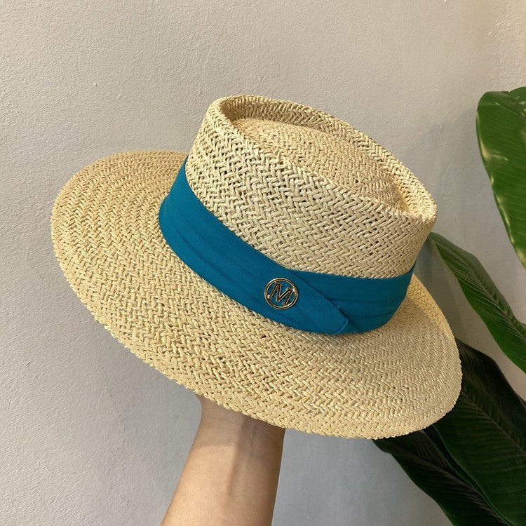 Chapéu de Palha Feminino de Verão Chapéu de Sol Luxuoso Feminino Chapéu de Praia de Proteção Solar da Moda Chapéu Panamá Francês Chapéu Raff de Aba Larga com Topo Abaulado