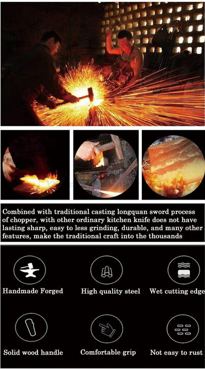 Faca de Cozinha Longquan Cabo de Madeira Faca Afiada de Açougueiro para Fatiar Ferramentas Profissionais de Culinária Artesanal Forjada China Messer