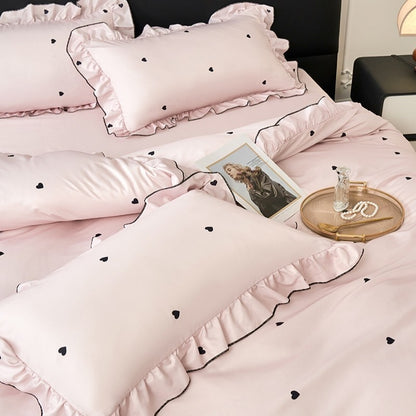 Conjunto de capa de edredom coreana de renda 3 peças (1*Capa de Edredom + 2*Fronhas, Sem enchimento), Conjunto de cama com estampa de bolinhas pretas