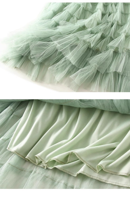 HOT Solid Multilayer Ruffle Mesh Skirt Women Boho High Waist Long Maxi Tulle Skirt Spring Summer Party Women's Clothing
