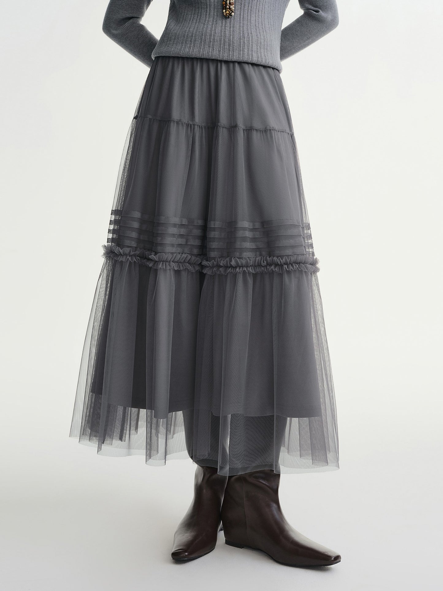 DUSHU Three-color Ruffled Mesh Skirt Women Pleated Mesh Straight Skirt Fairy Retro Gothic Cool Girls Elastic Waist Loose Fit