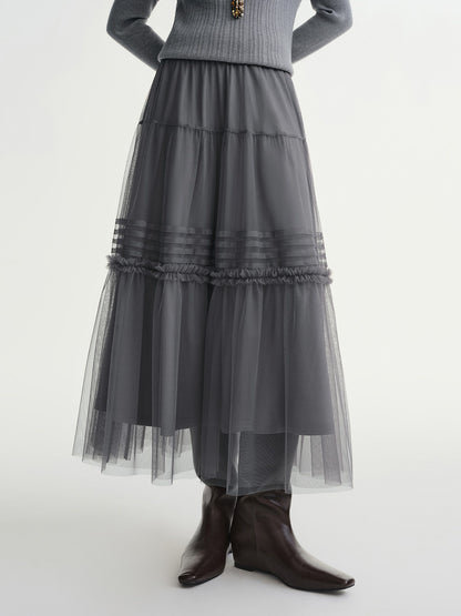 DUSHU Three-color Ruffled Mesh Skirt Women Pleated Mesh Straight Skirt Fairy Retro Gothic Cool Girls Elastic Waist Loose Fit