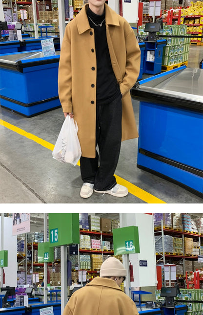 Blends Men X-long Autumn Winter Korean Style Trendy Loose Overcoats Solid Handsome All-match College Harajuku Clothing Mid-calf
