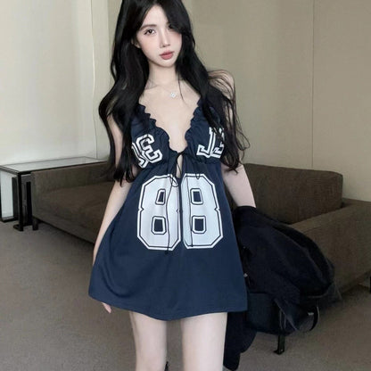 Sexy hot girl style deep V-neck dress for women with autumn letter printing casual a-line skirt backless short skirt