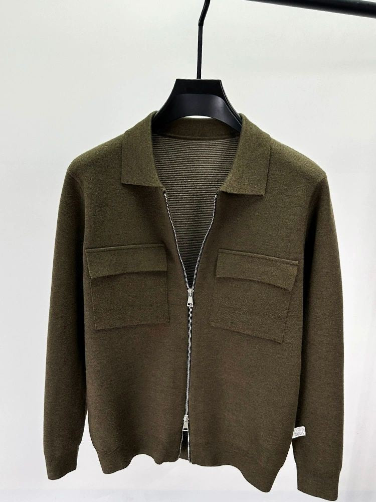Premium Zipper Collar Wool Cardigan Men's Casual Coat Autumn/Winter Luxury Pocket Design Solid Color Casual Warm Sweater Jacket