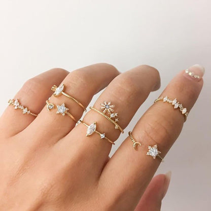 Conjunto de Anéis de Cristal Cor Prata para Mulheres, Anéis de Dedo de Zircônia Cúbica de Lua, Flecha, Flor, Coração, Joias Femininas da Moda