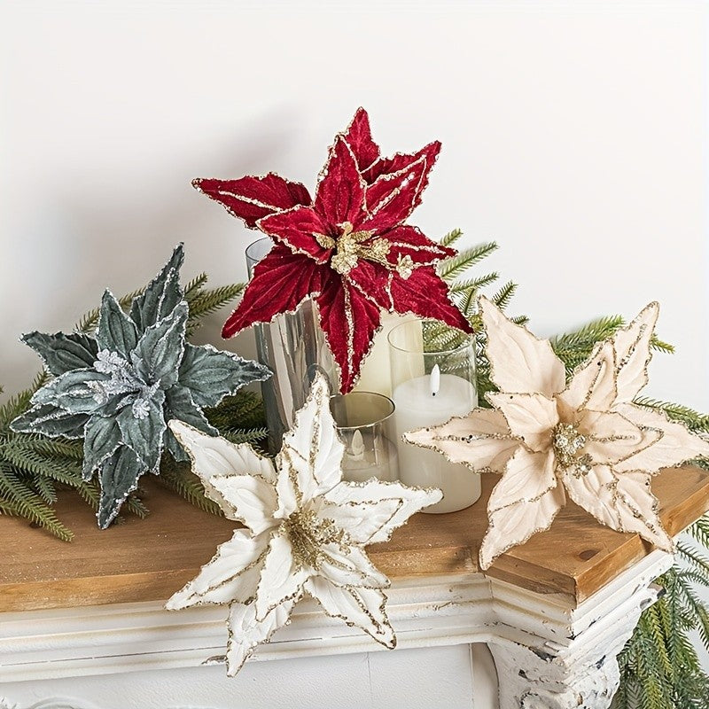 1/4pcs Christmas Holiday Decorative Flowers Artificial Flowers,Shiny Sequin Velvet Christmas Flowers 25.91cm,  home decor