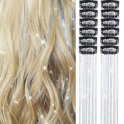 12 unidades/1 pacote 50 cm de extensões de cabelo sintéticas brilhantes, presilhas de cabelo cintilantes para trançar e enfeitar a cabeça de mulheres