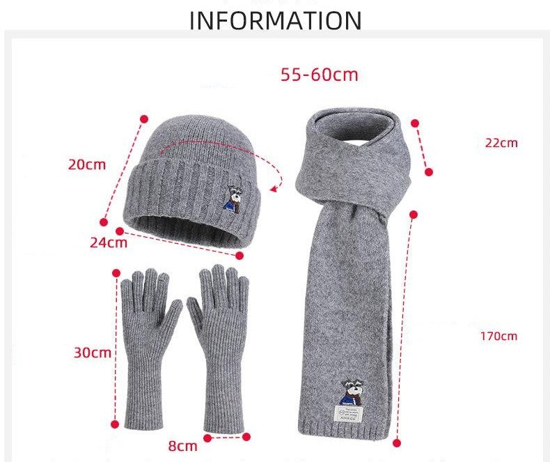 Embroidered Puppy Knitted Hat Scarf Gloves Three-Piece Set for Women Winter Warmth Earflap Beanie