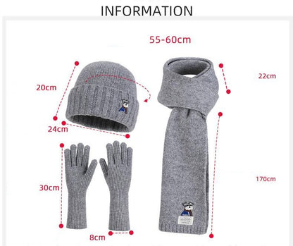 Embroidered Puppy Knitted Hat Scarf Gloves Three-Piece Set for Women Winter Warmth Earflap Beanie