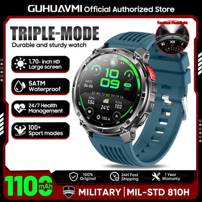 2026 New 1.7-inch Military sports SmartWatch 1100mAh large battery Outdoor compass flashlight 5ATM waterproof BT Call SmartWatch