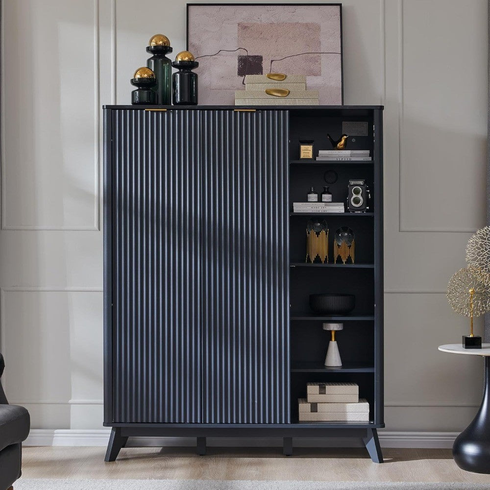 6-Tier Adjustable Fluted Shoe Storage Cabinet with 2 Sliding Doors, 60 Tall Freestanding Organizer for Entryway