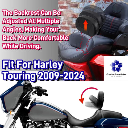 Almofada Encosto de Piloto Ajustável para Motocicleta com Suporte de Montagem para Harley Touring CVO Road King Electra Street Glide FLTRX 09-24