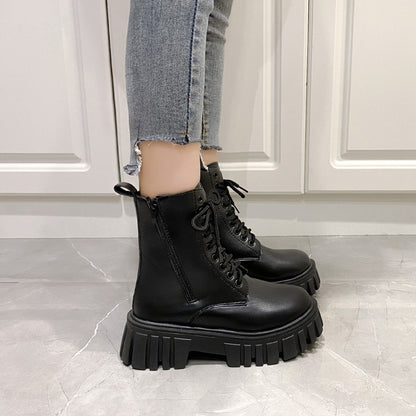 2024 New Autumn and Winter Comfortable Mid-calf Women's Shoes Thick-soled Lace-up Side Zipper Women's Boots Large Size