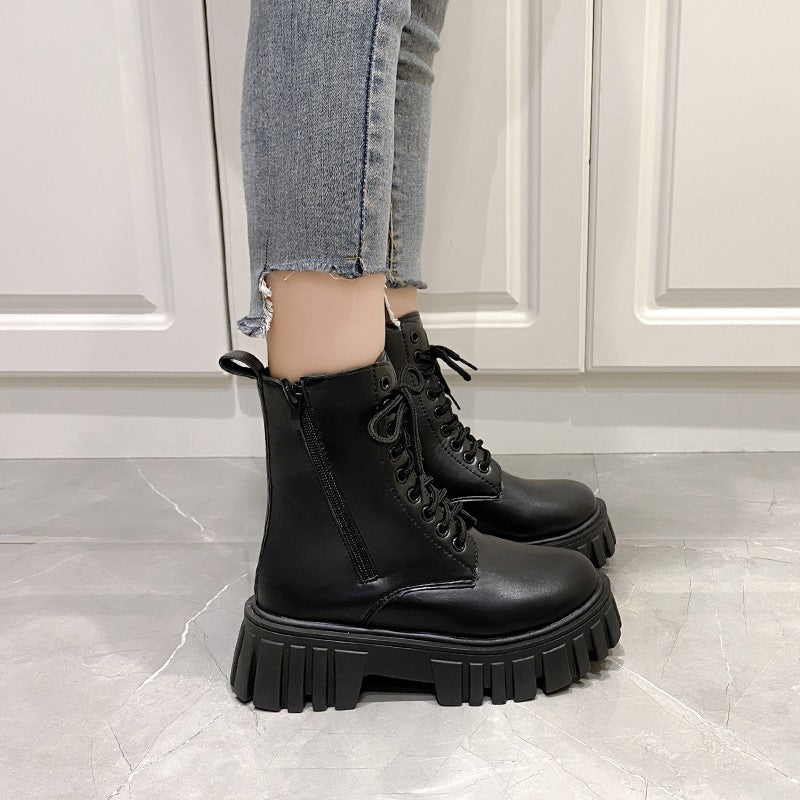 2024 New Autumn and Winter Comfortable Mid-calf Women's Shoes Thick-soled Lace-up Side Zipper Women's Boots Large Size
