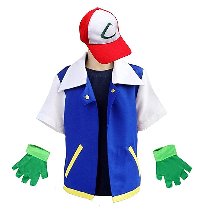 Halloween Cosplay Costume Anime Ash Ketchum Trainer Party Blue Jacket Cap Gloves Sets Theme Party Role Playing Outfits