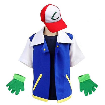 Halloween Cosplay Costume Anime Ash Ketchum Trainer Party Blue Jacket Cap Gloves Sets Theme Party Role Playing Outfits