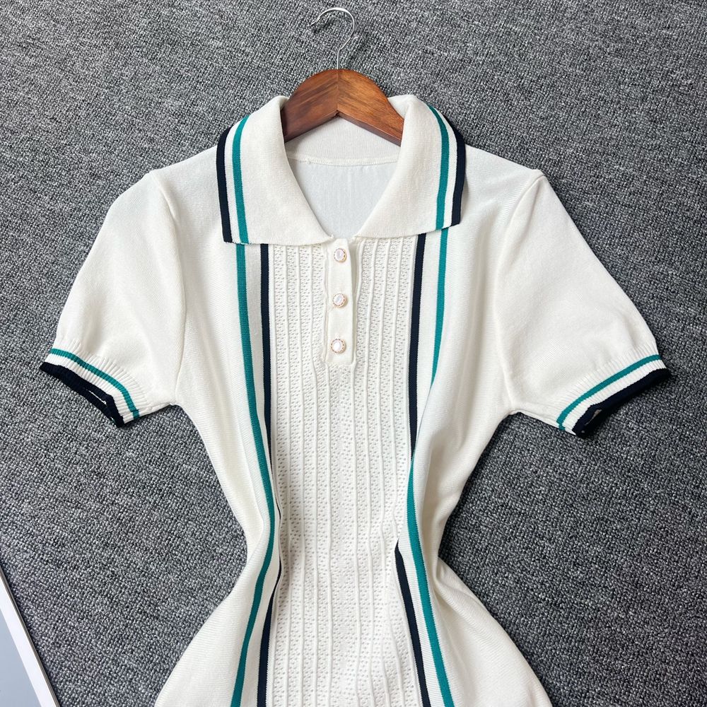 YuooMuoo Women Dress 2025 Summer Vintage Turn-down Collar Knitted Mini Dress Lad