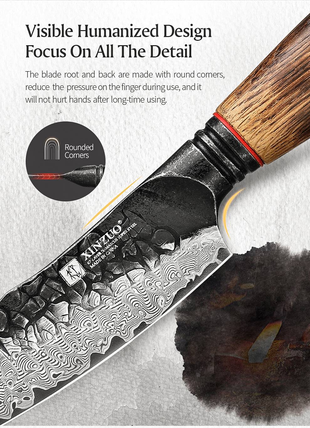 XINZUO 5.5" utility knife, 67 - Layer Damascus Masterpiece, forged with super steel, offers unrivaled sharpness and durability.