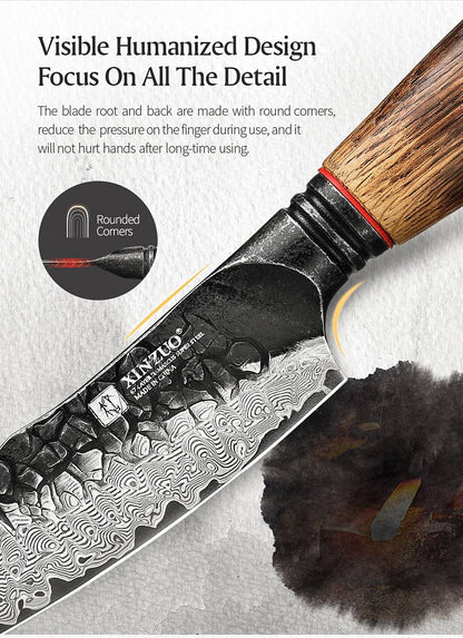 XINZUO 5.5" utility knife, 67 - Layer Damascus Masterpiece, forged with super steel, offers unrivaled sharpness and durability.