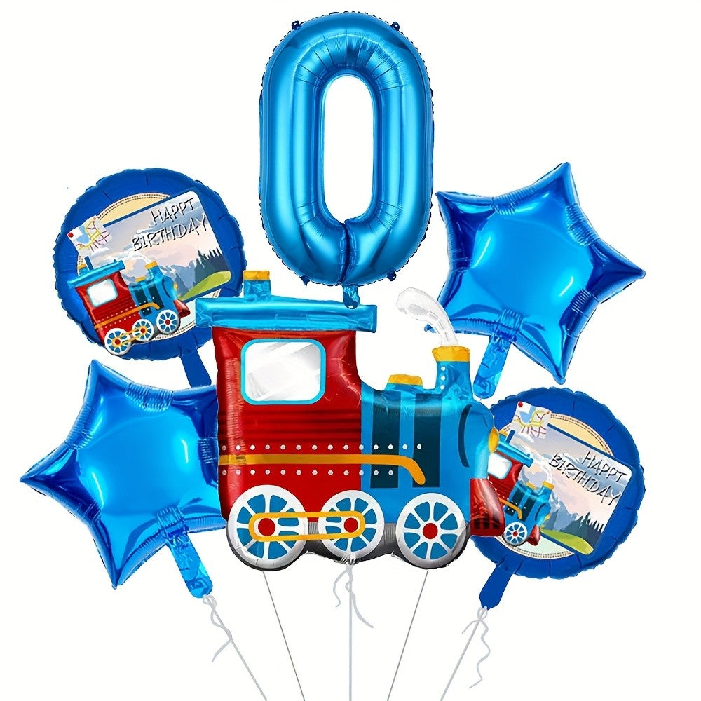 6pcs Retro train Balloon Set Blue Digital 0-9 Foil Balloon Cartoon Train Balloon Birthday Party Decoration Supplies Baby Shower