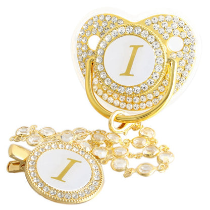 26 Initial Letters Golden Baby Pacifier With Diamond Chain Clip