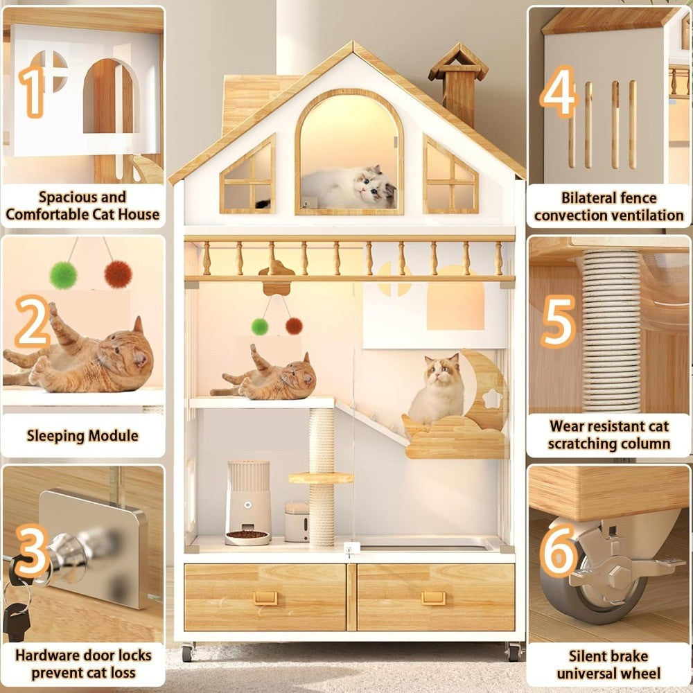 Condomínio para Gatos Fechado, Grande Casa de Madeira para Gatos Gaiola Interna Recinto para Gatos com Rodas, Condomínio Fechado com Múltiplos Recursos e Caixa de Areia