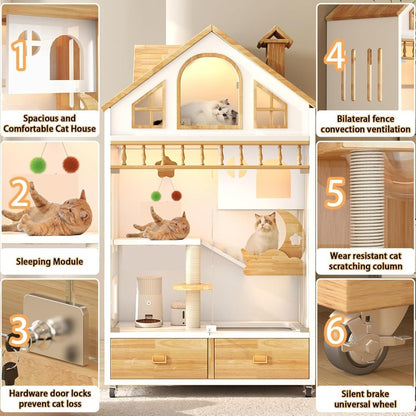 Condomínio para Gatos Fechado, Grande Casa de Madeira para Gatos Gaiola Interna Recinto para Gatos com Rodas, Condomínio Fechado com Múltiplos Recursos e Caixa de Areia