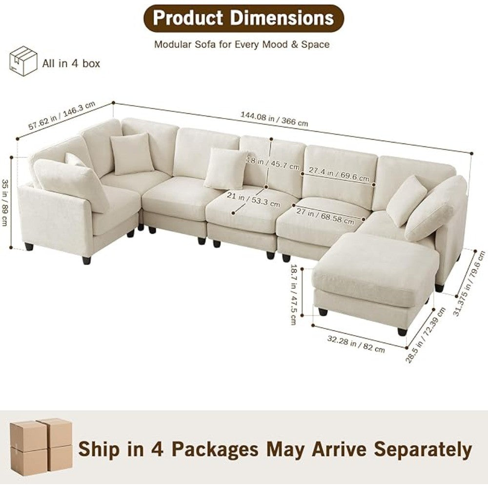 Luxury Oversized Chenille Sofa – 7-Seat Modular Sectional Cloud Couch with Movable Ottoman, Convertible for Living Room