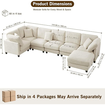 Luxury Oversized Chenille Sofa – 7-Seat Modular Sectional Cloud Couch with Movable Ottoman, Convertible for Living Room