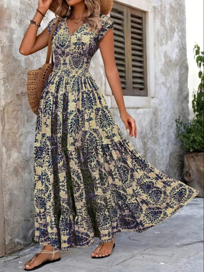 2025 vintage printed dress fashionable and elegant V-neck short sleeved jumpsuit long skirt women's clothing