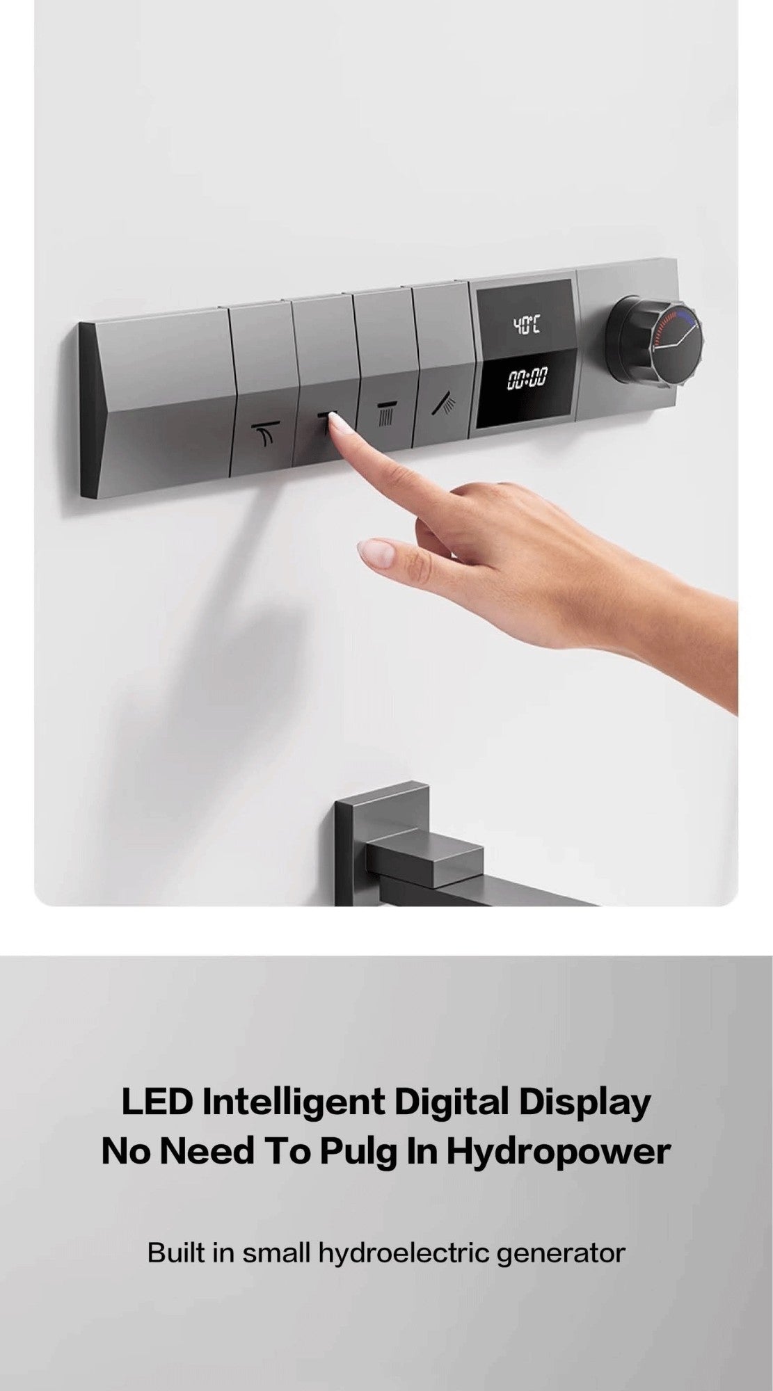 Sistema de chuveiro de parede com temperatura constante em latão cinza chumbo, montado na parede, com display digital LED, torneira de banheiro com água quente e fria