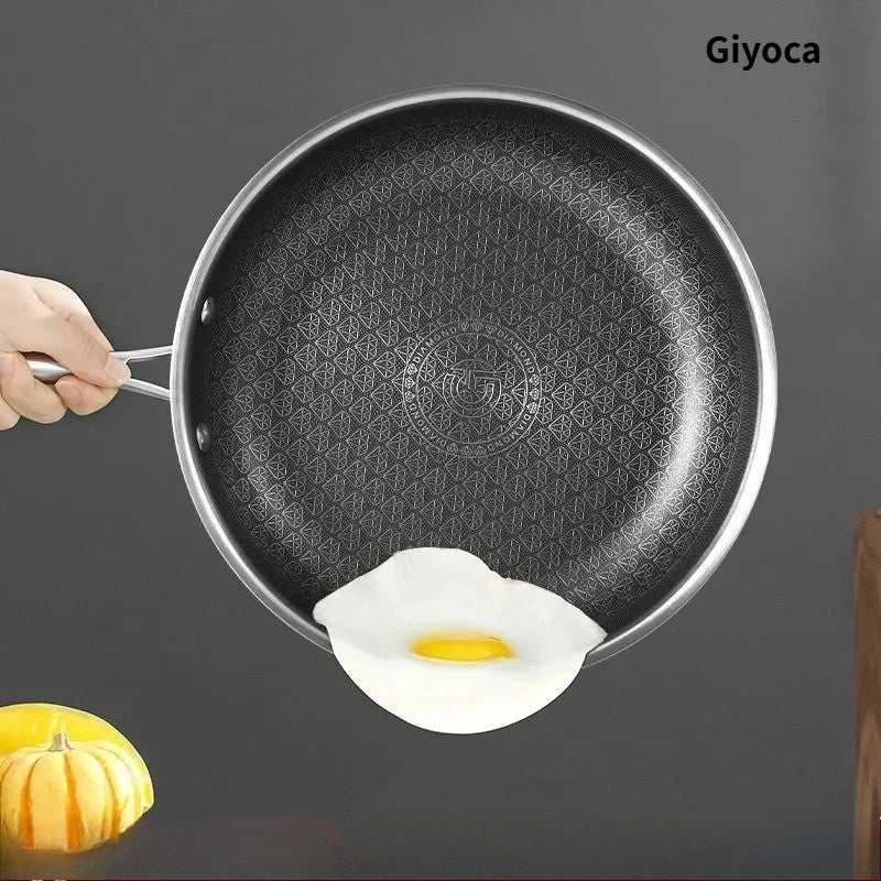 Panela de Fritura Antiaderente Giyoca Honeycomb Wok Não Revestida Aço Inoxidável 316 Utensílios de Cozinha Domésticos Multifuncionais Universais para Fogões
