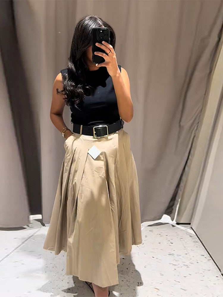 Fashion Patchwork Pleated Long Dress With Belt Women Chic Sleeveless Tank Maxi M