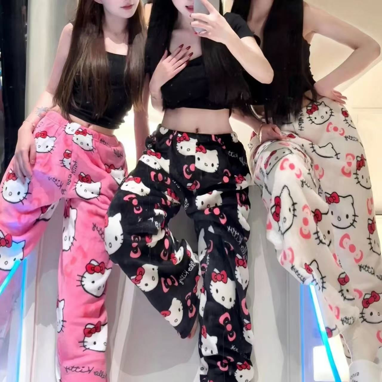 Calça de Pijama Hello Kitty Y2K Sanrio Anime Feminina Calças de Pijama Desenho Animado Moda Roupa de Dormir Calças de Lazer Roupa de Casa