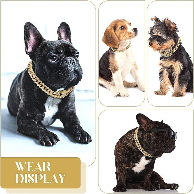 Coleira de corrente de cachorro de luxo dourada para animais de estimação, coleira de metal para cães pequenos, médios e grandes, gatos, joias e acessórios para animais de estimação