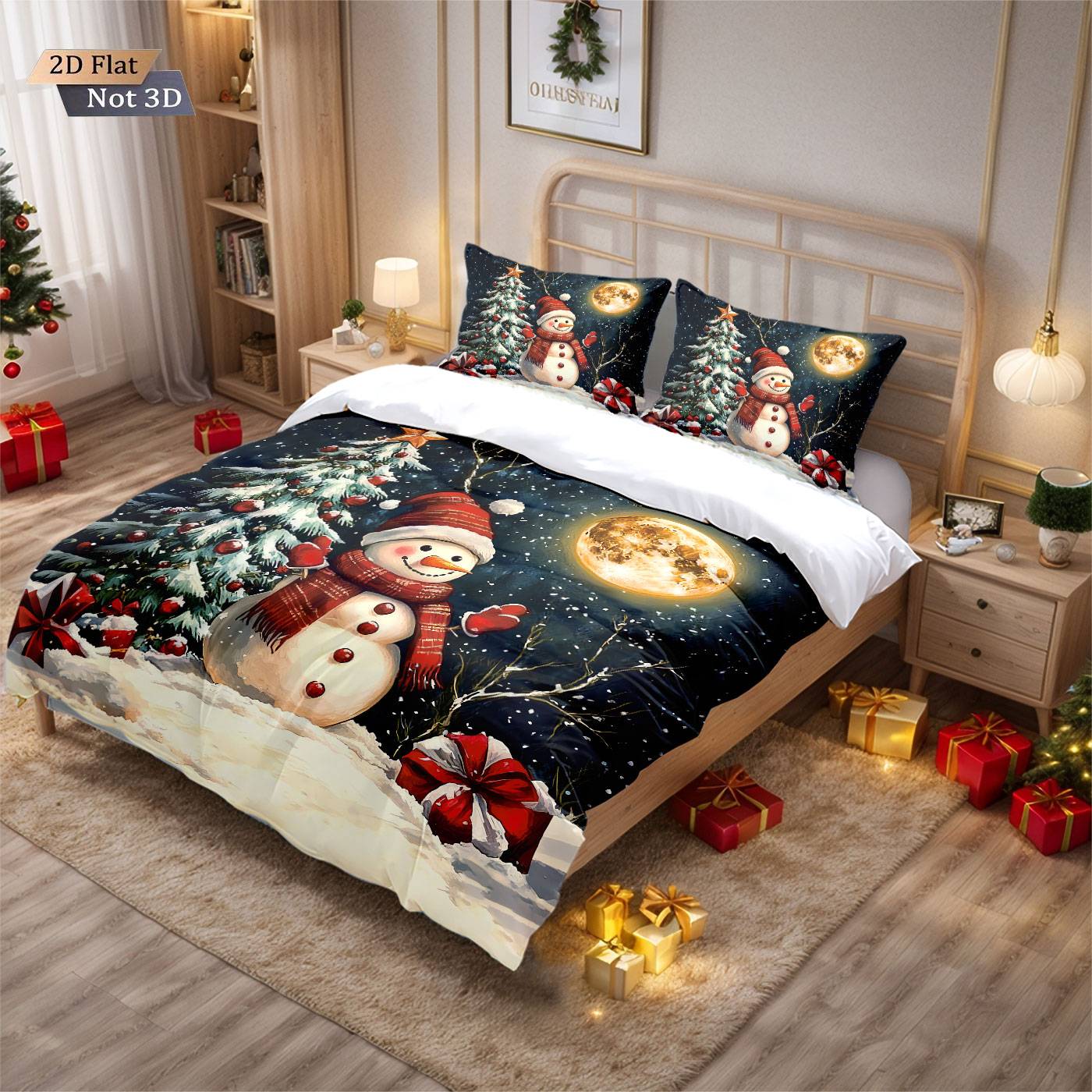 3pcs Christmas snowman reindeer red print coreless duvet set multi size bedroom bedding holiday decoration soft machine washable