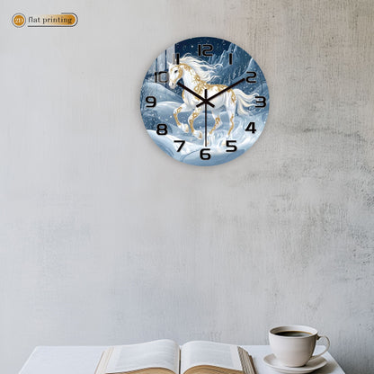 White Horse Snowy Landscape Wall Clock, Golden Ornamental Winter Scene, Festive Dreamy Unicorn-Inspired Home Decor