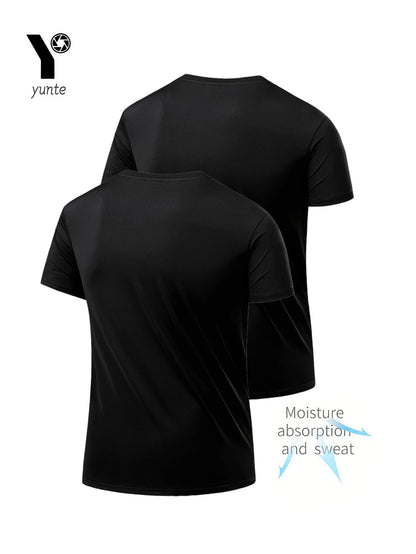 Round Neck T-Shirt 2-Pack Black Ultra-Light Men's Quick Drying Breathable Sweat-Absorbent Shirt Suitable for Fitness Gym and Run