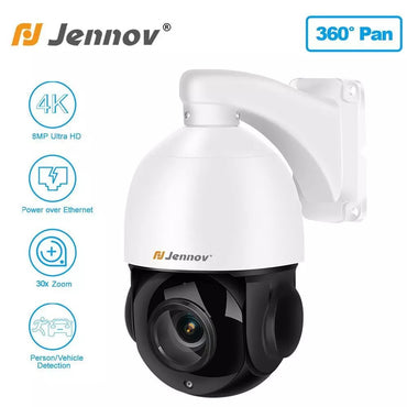 Câmera de Segurança Externa Jennov 360° 8MP PTZ POE IP 4K com Zoom Óptico de 30X e Visão Noturna IR CCTV