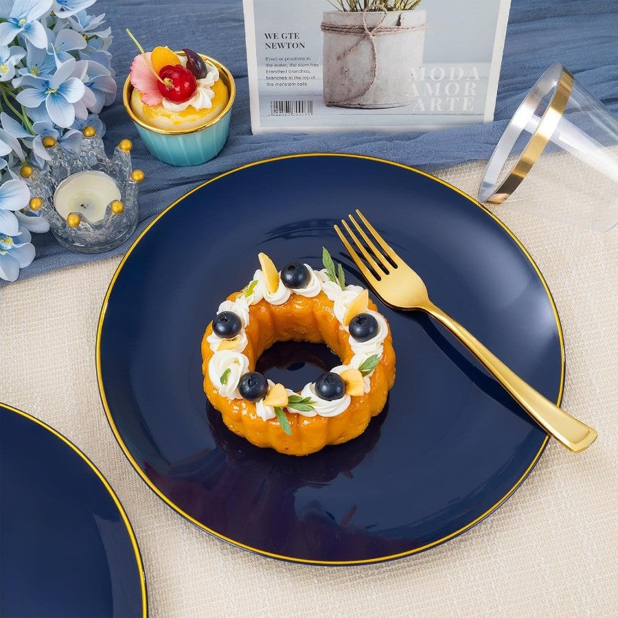 350PCS Navy Blue Plastic Plates Blue Disposable Dinnerware Set for 50 Guests 100 Dinner Dessert Plates 150 Gold Silverware 50 C
