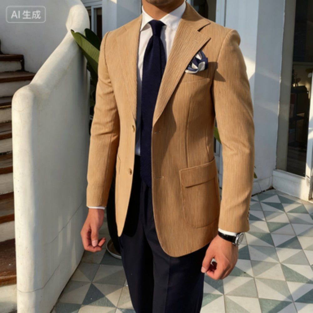 Summer Seersucker 2-Piece Men's Blue Striped Blazer Suit with Notched Lapel Casual Wedding Fine Fit Trousers Male Fashion