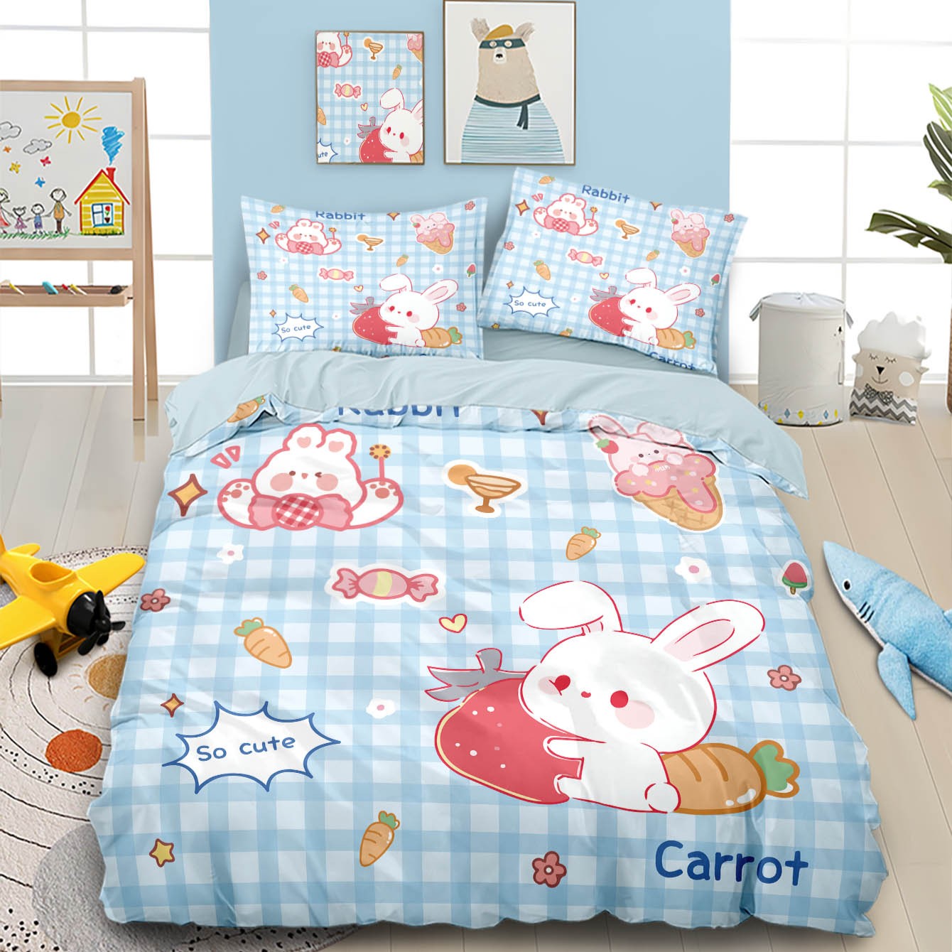 3PCS Cartoon Grid Rabbit Theme Series Bedding Set Full Size Kids,Rabbit Comforter Cover for Boys Girls Bedroom Decor