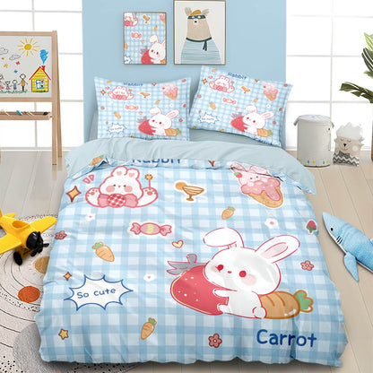 3PCS Cartoon Grid Rabbit Theme Series Bedding Set Full Size Kids,Rabbit Comforter Cover for Boys Girls Bedroom Decor
