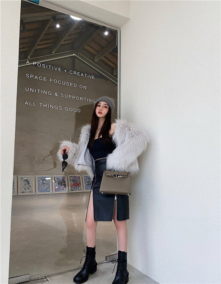 Lautaro Autumn Soft Black Pu Leather Midi Skirt Women with Double Slit Zipper High Waist Korean Style Fashion 2021 Streetwear