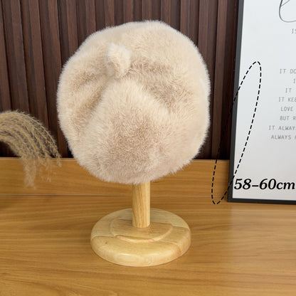 Sweet Faux Rabbit Fur Beret Hat Women Autumn Winter Thicken Keep Warm Furry Flush Artist Flat Cap Solid Color Painter Hats
