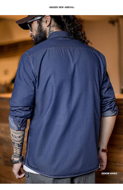 Maden Men Vintage Single Pocket Workwear Denim Shirt Long Sleeved Slim Fit Casual Shirt Single Breasted Turn-Down Collar Blouse