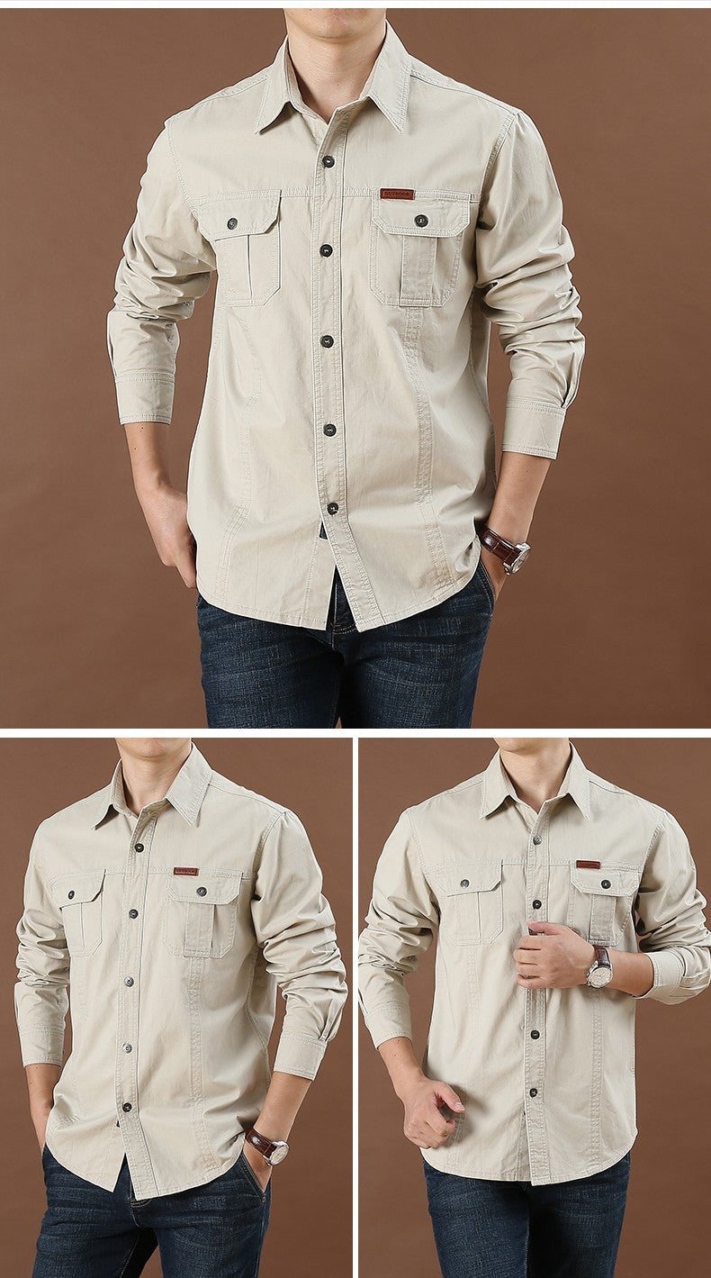100% Cotton High Quality Spring Fall Fashion Men's Long-Sleeve Solid Color Casual Shirt Multi Pocket 6XL Large Size Cargo Jacket