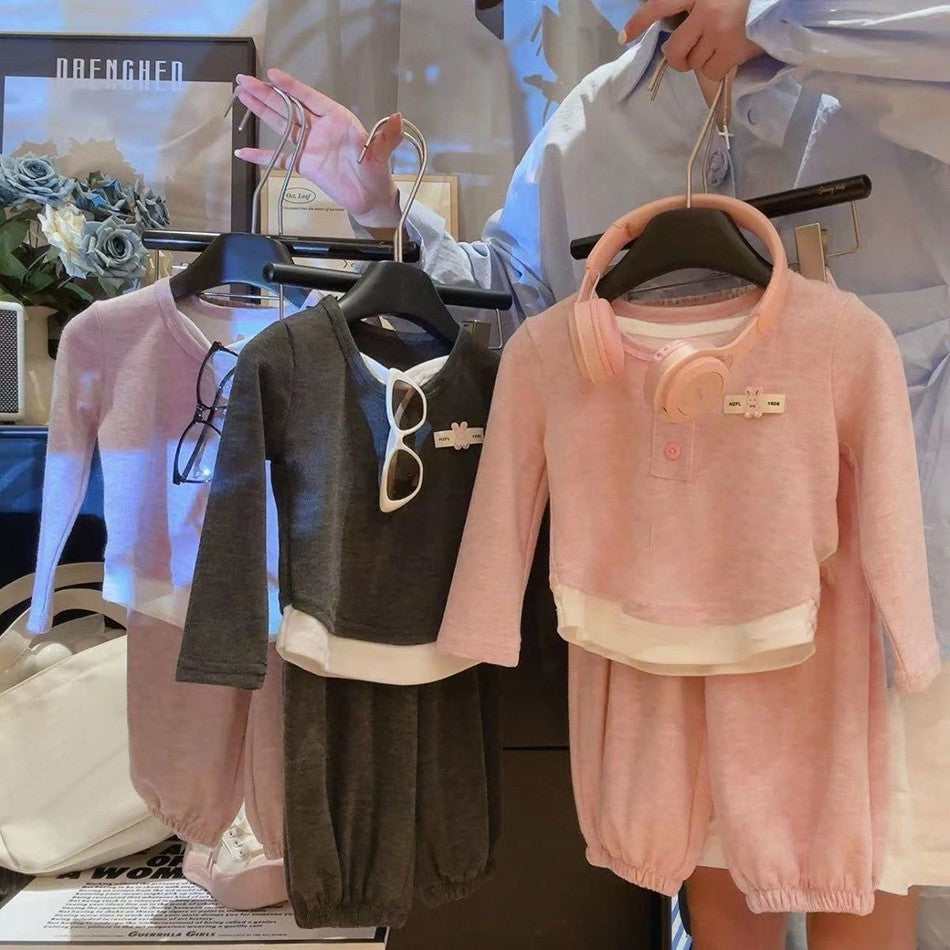 Girls Autumn Outfits Fashionable False Two-Piece Tops and Pants 2 Piece Set Stylish Korean Style Kids Clothing Cute Fall Clothes